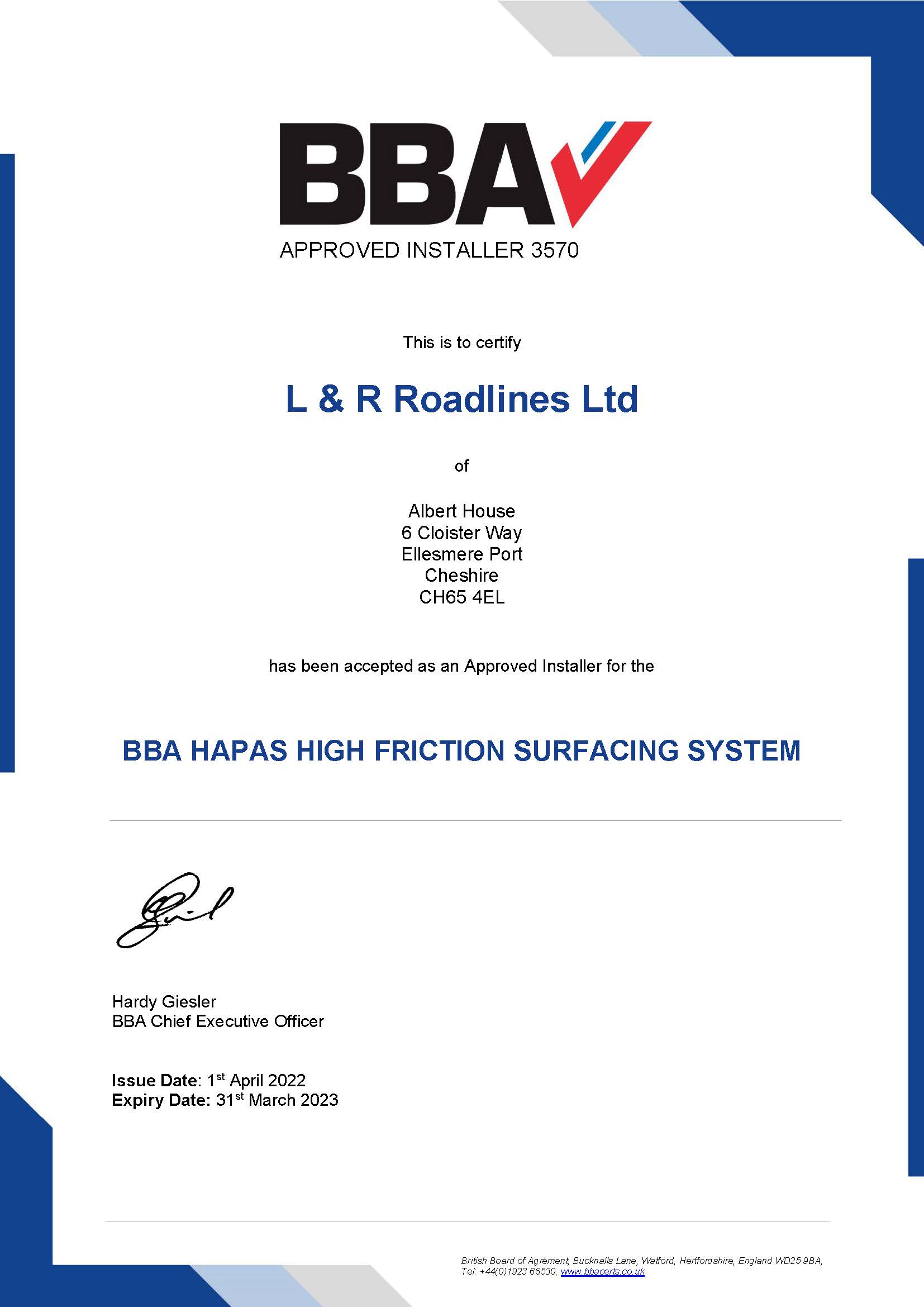 BBA High Friction Surfacing Certificate